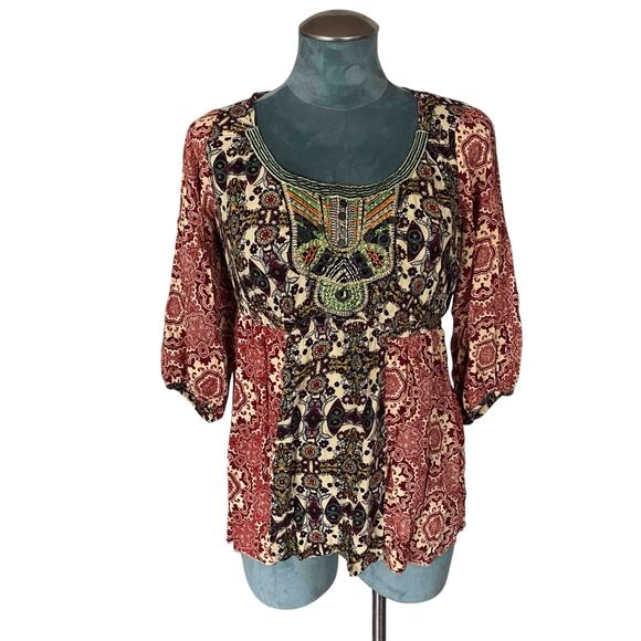 One World Women's Mandala Peasant Blouse Multicolor Mixed Print Rayon Size L - Picture 1 of 8